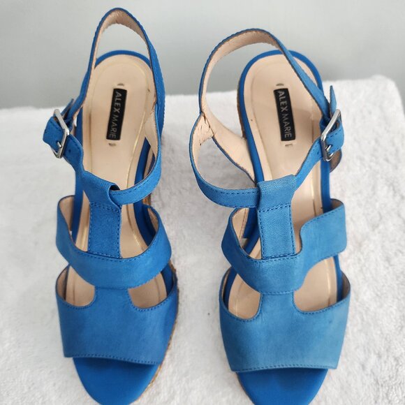 Alex Marie Blue Suede T-Strap High Wedge Fashion Espadrilles 8M - Picture 2 of 9